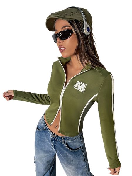 

letter patched two-way zipper contrast tape crop jacket x19d#, Black;brown