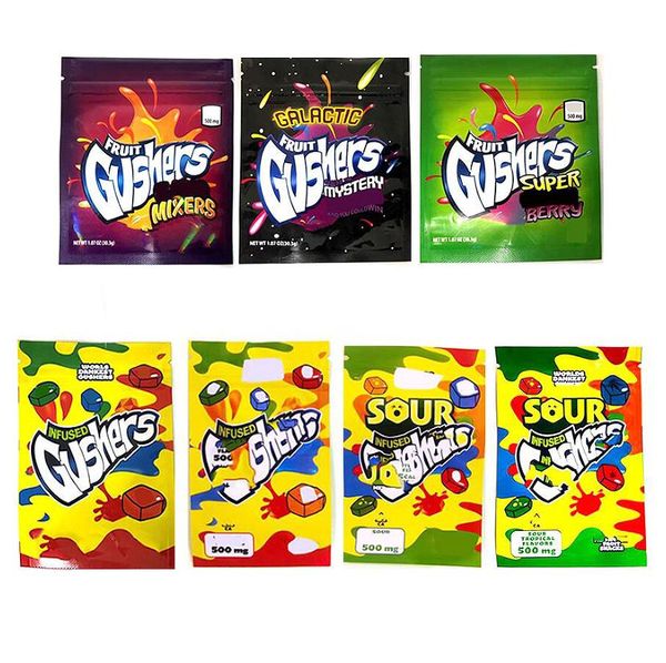 

worlds dankest gushe fruit snack 500mg gush mylar bags and sour tropical flavors edibles gummies packaging