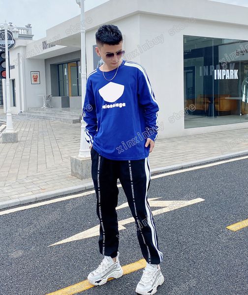 

xinxinbuy men designers t shirts tee long sleeve paris webbing letter print crew neck streetwear blue m-2xl, White;black