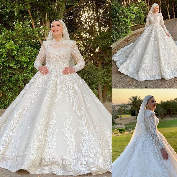 

muslim ball gown wedding dress high neck 3d floral appliques beads long sleeve bridal gowns puffy custom made robe de soiree, White