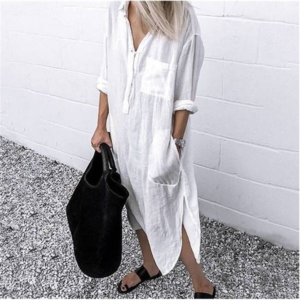 

women shirt dress spring summer lapel button long sleeve side split dresses elegant solid work office vestidos female tunic robe 220811, Black;gray