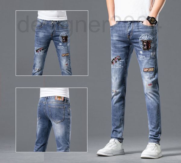

men's jeans designer trendy jeans men's summer embroidery printing personalized fashion casual youth slim fit elastic leggings urp, Blue