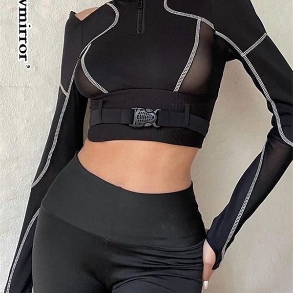 

showmirror g techwear biker wear mesh tshirt black goth woman s t shirts buckle cropped stripe long sleeve autumn tee 220810, White
