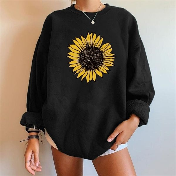 

harajuku oversized sweatshirt sunflower print women sweatshirt crewneck pullover drop shoulder loose streetwear moletom feminino 220811, Black