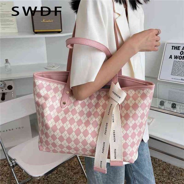 

fashion pink crossbody bags elegance evening bag new lattice large capacity shopping tote shoulder bags for women designer plaid work ladies