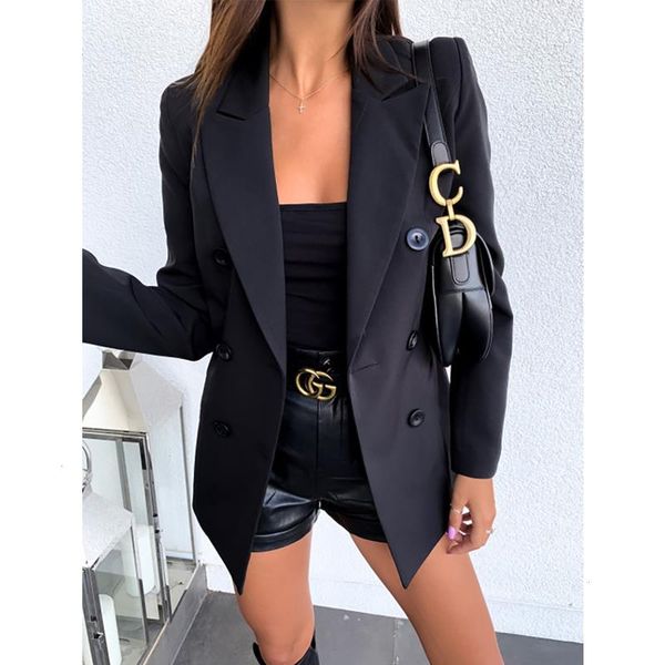 

women double breasted blazer coats autumn solid long sleeves jackets black lapel button office lady khaki business suits, White;black