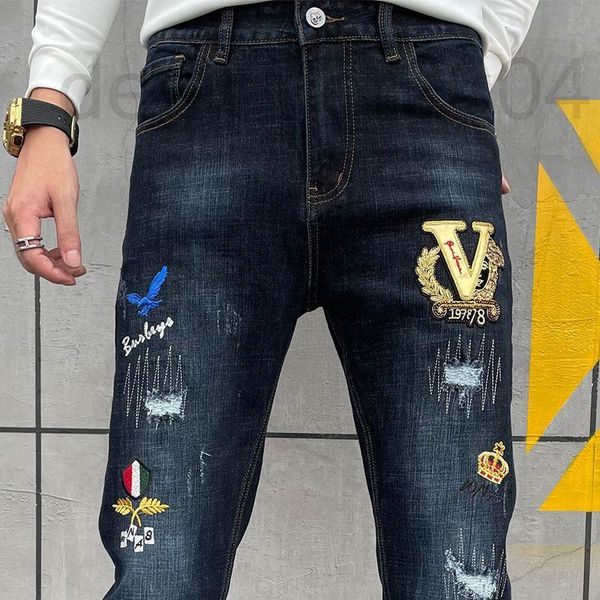 

men's jeans designer hong kong high-end fashion brand embroidered pierced jeans men's 2021 new autumn slim fit denim pants trend i, Blue