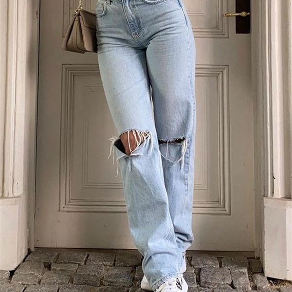 

womens loose fit jeans ripped wide leg for women high waist blue wash casual cotton denim trousers summer baggy jean pants 220810