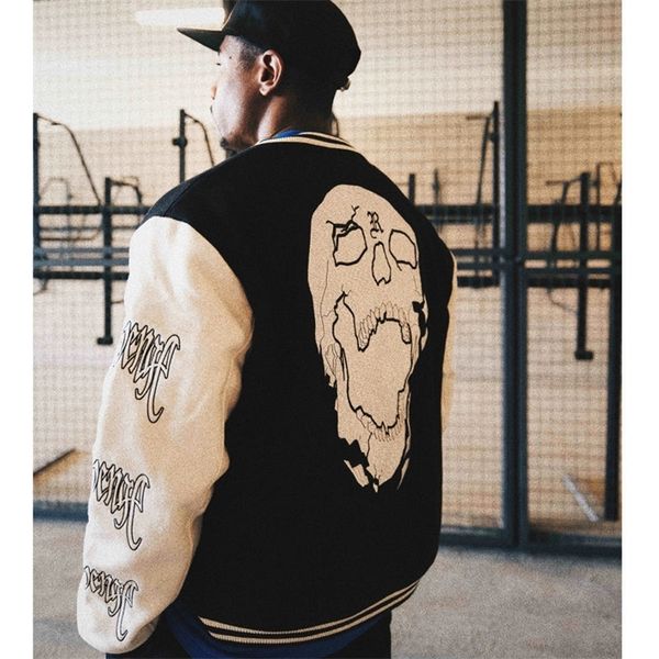 

street vintage clothing skull baseball american patchwork letter embroidered loose jacket mens fashion 220811, Black;brown