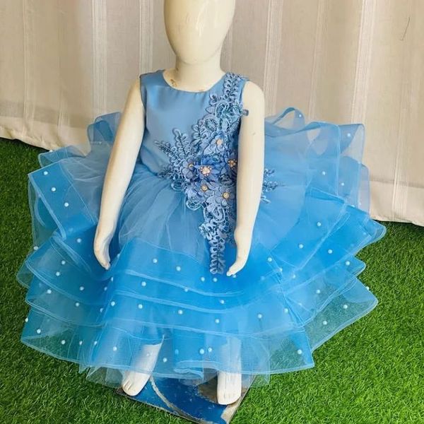 

2022 pearls crystals flower girl dresses 3d floral appliques ball gown organza tutu lilttle kids birthday pageant weddding gowns zj517, White;blue