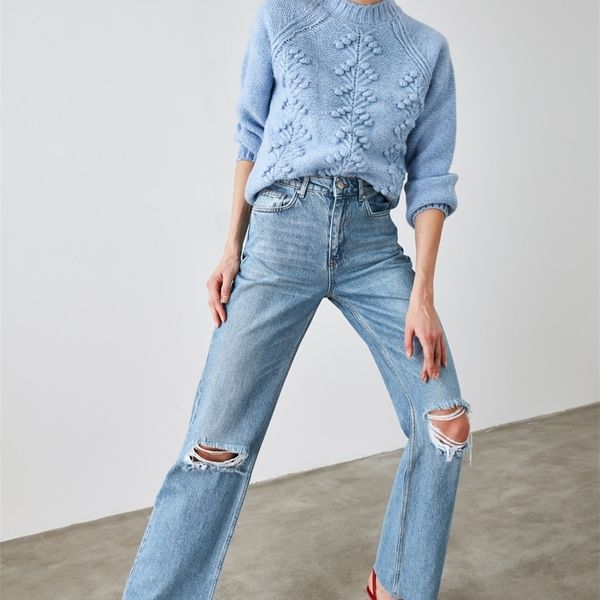 

trendyol jeans y2k ripped pants detailed high bel wide leg jeans women clothing fashion twoaw21je0539 220811, Blue
