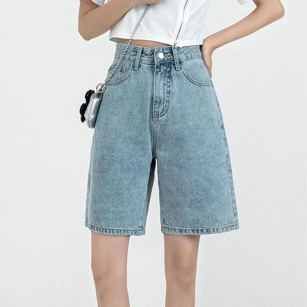 

knee-length denim shorts women pant casual high waist wide leg summer solid five-point pants blue black, Black;white