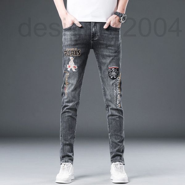 

men's jeans designer high end grey jeans men's spring new elastic embroidery slim small foot long pants korean medium waist casual, Blue