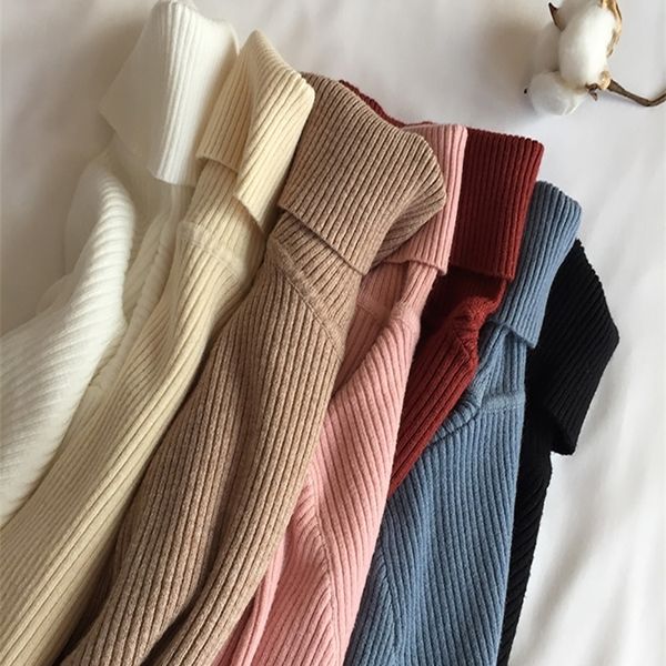 

autumn winter thick sweater women knitted ribbed pullover sweater long sleeve turtleneck slim jumper soft warm pull femme 220811, White;black
