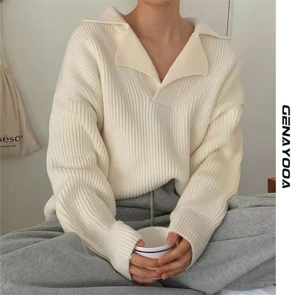 

genayooa chic turn-down collar sweater women solid casual knit pullover long sleeve autumn winter fashion korean jumper 220811, White;black