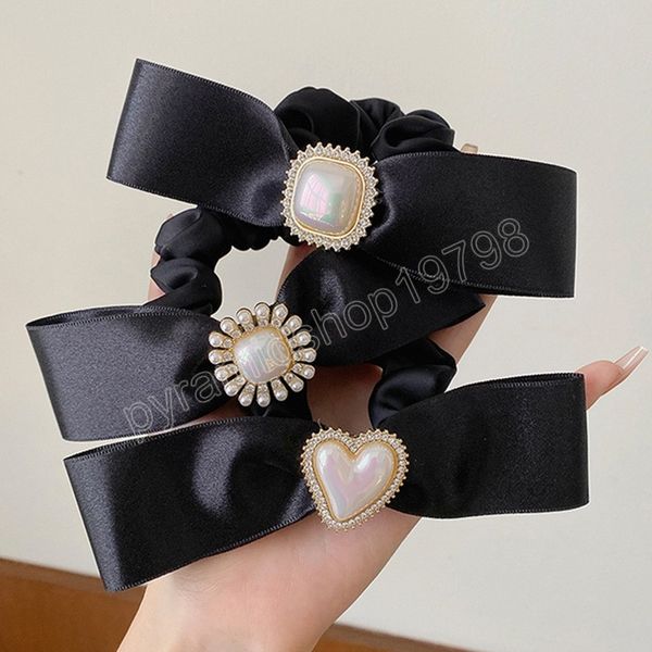 

woman three-dimensional pearl luster heart sunflower square scrunchie hair ties rubber band lady elegant rope rings, Slivery;white