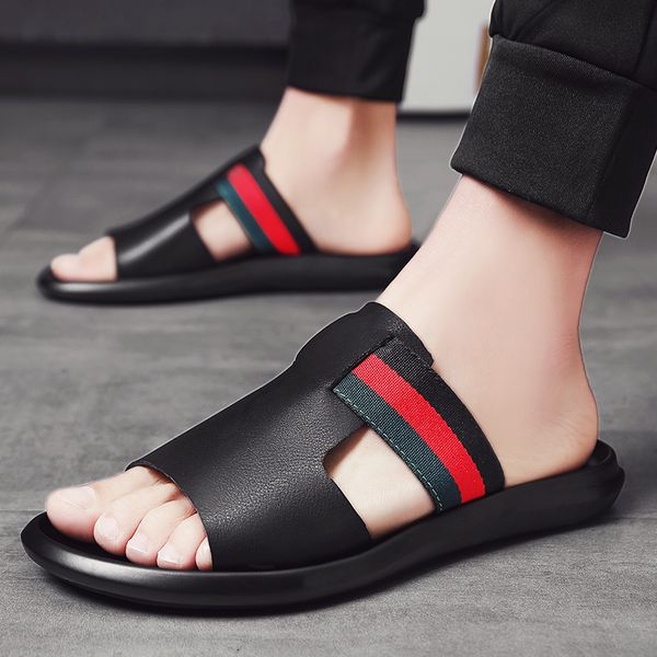 

weh slides mens sandal luxury genuine leather slippers for summer sandals 2022 slip on lightweight breathable black