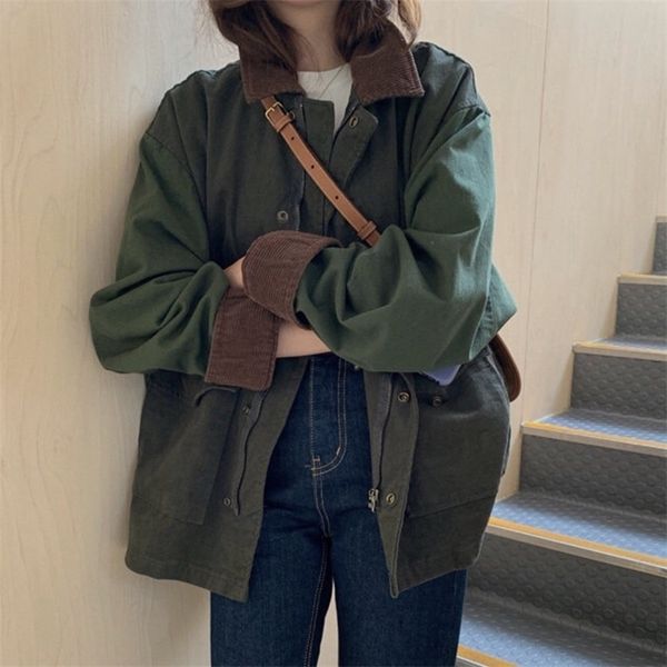 

vintage patchwork turndown collar corduroy jacket coat autumn loose hip hop jacket women streetwear casual outerwear female 220811, Black;brown