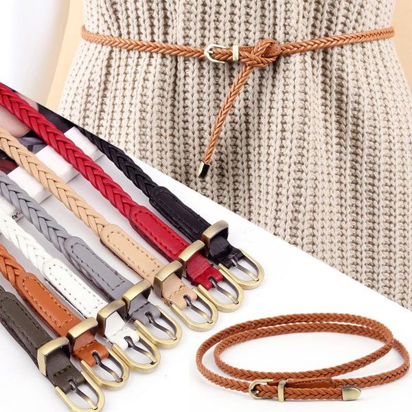 

womens pu leather braided thin narrow dress belt fashion causal waistband metal pin buckle ladies female, Black;brown