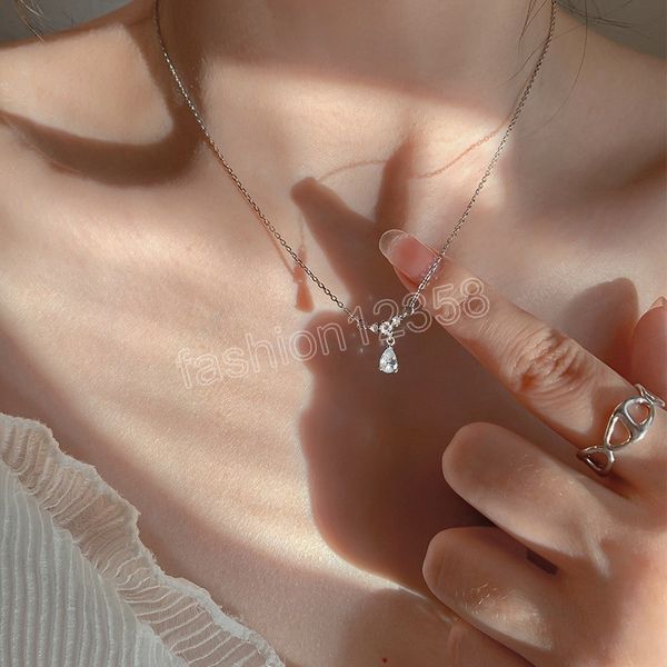

shining zircon water drop pendant necklace for women korean fashion charm summer clavicle chain choker wedding jewelry gift, Silver
