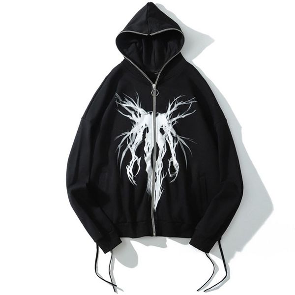 

punk graphic print zipper ribbon hooded hoodie vintage black oversize coat sweatshirt 90s streetwear clothes album accessory 220811