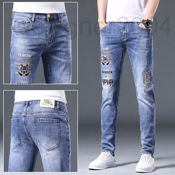 

men's jeans designer spring and summer fashion personalized embroidery men's jeans korean slim fit handsome straight leg pants men, Blue
