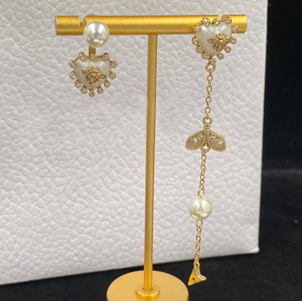 

retro asymmetric designer bees heart charm dangle earring jewelry women fashion ear stud earrings have stamps lady party wedding anniversary, Golden