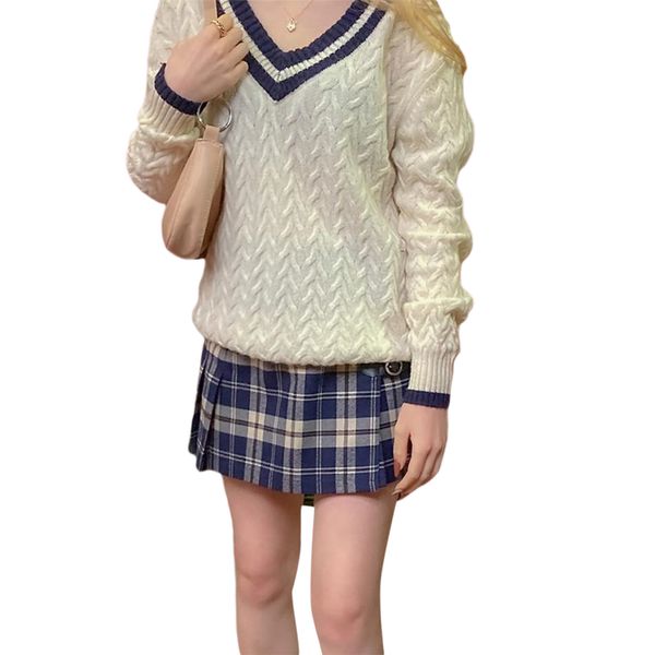 

female sweater contrast color v-neck long sleeve knitwear pullover for autumn winter s//l/xl, White;black