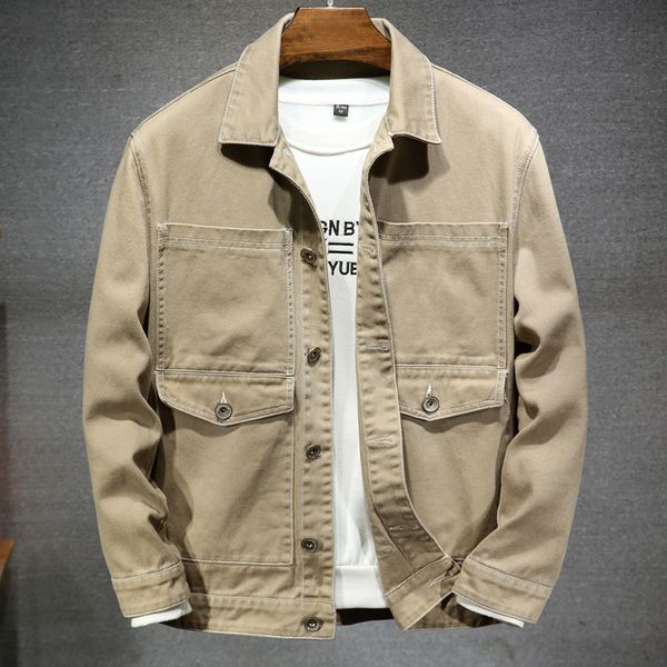 

autumn denim jacket men clothing fashion casual bomber coat streetwear loose pocket veste homme turndown collar button outerwear, Gray