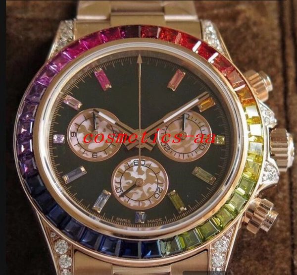 

ew factory watch mens eta 7750 movement 40mm 904 l colorful full pave diamond dial automatic chronograph 116598 116595 116599 men's wat, Slivery;brown