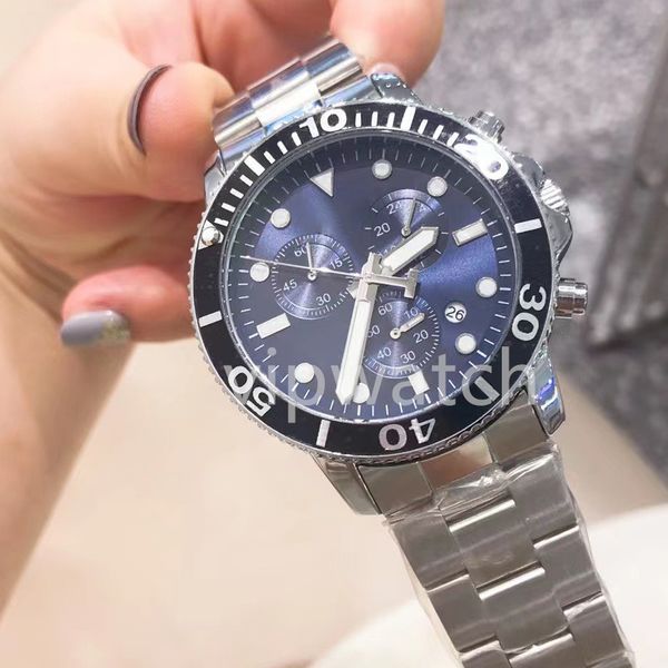 

2022 classic men's watch quartz movement super strong hd glass lens with multifunctional design solid steel band 42mm, Slivery;brown