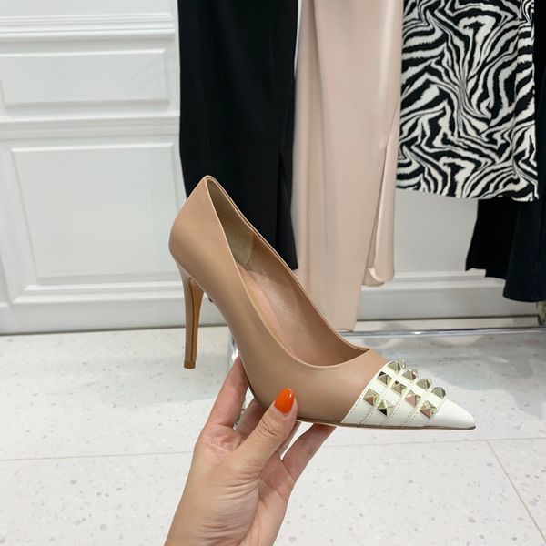

leather women spring genuine women pumps super high heels pointed toe rivet zapatos de mujer, Black