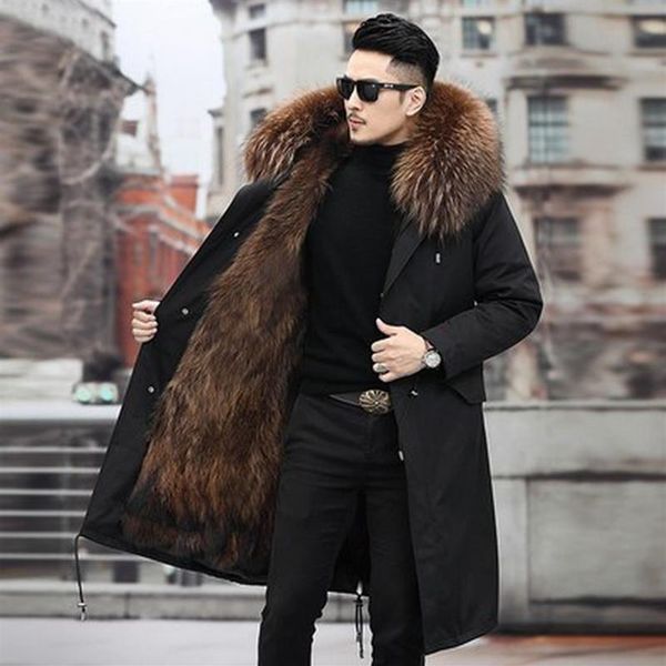 

man parka winter stylish jacket long streetwear russian 7xl real fur coat natural raccoon fur collar hooded thick warm coat245y, Black