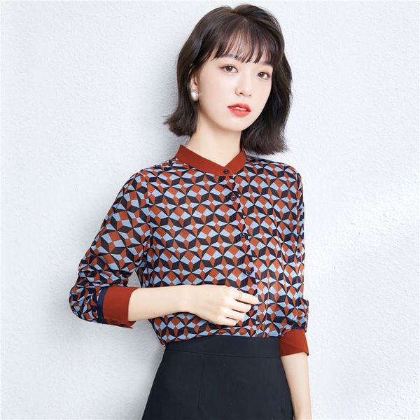 

vintage chiffon shirts y2k clothes plaid printed spring blouses ol olng sleeve geometric blusa elegant casual wear 1137, White