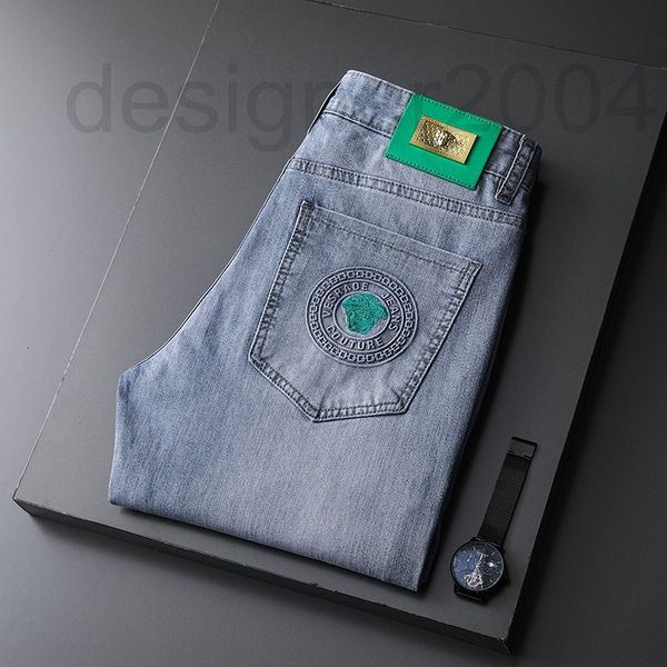 

men's jeans designer men's spring and summer elastic slim fit small feet casual fashion versatile youth embroidered long pants xjf, Blue