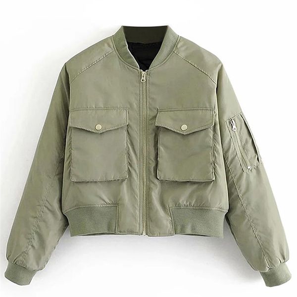 

aachoae fashion padded bomber jacket women streetwear long sleeve zipper warm coat autumn winter casual pockets outerwear 220811, Black;brown