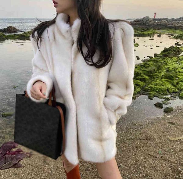 

2021 winter thick warm fashion women puff sleeve faux rabbit fur coats stand collar fleece korean long fake fur outerwear a478 t220810, Black
