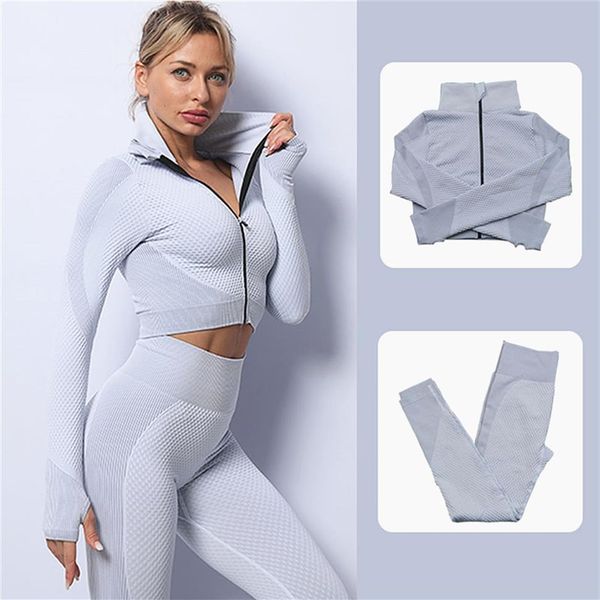 

2pcs seamless tight women yoga outfits fitness women's tracksuit long sleeve exercise clothing running gym suits workout set 299y, White;red
