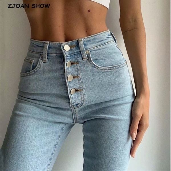 

vintage skinny four buttons high waist pencil jeans women slim fit stretch pants full length denim tight trousers 220810, Blue