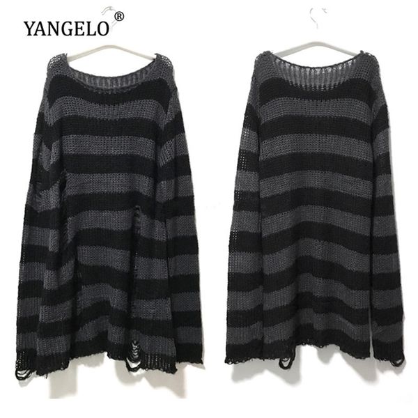 

punk gothic long sweater summer women striped cool hollow out hole broken jumper loose rock thin dark streetwear 220811, White;black