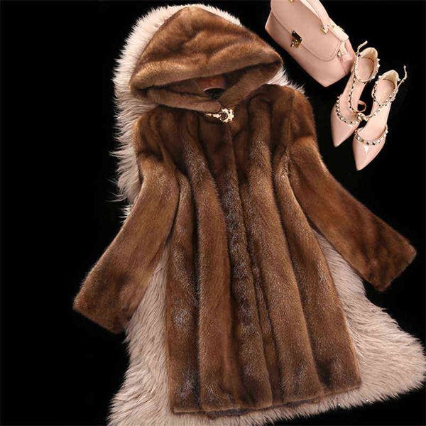 

faux fur coat women dark brown s-6xl 2022 autumn winter new fashion slim casual sports warmth hooded imitation mink fur jacket t220810, Black