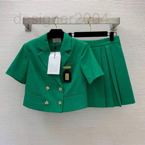 

casual dresses designer summer new temperament aging brooch decoration double breasted short suit sleeve with high waist skirt k2wx, Black;gray