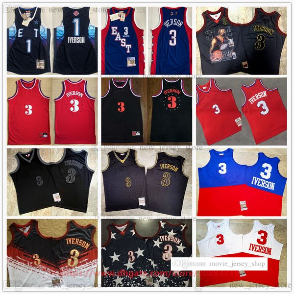 

mitchell ness authentic embroidery basketball allen 3 iverson jerseys retro all-star 2004 #1 2009 real stitched away breathable sport man 02, Black;red