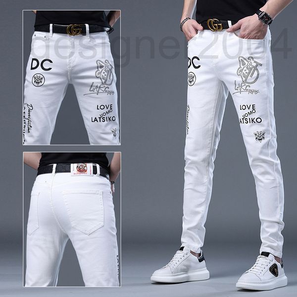 

men's jeans designer fashion letter diamond print men's white jeans new slim fit elastic leggings 3851, Blue