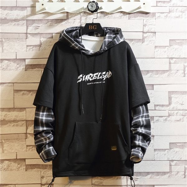

wetailor black patchwork hoodies autumn spring men's sweatshirts hiphop punk streetwear casual pullover plaid hoodies 220811