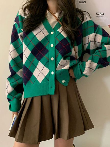 

swetry damskie 2022 jesie koreaski luny kardigan sweter paszcz patchwork plaid z dugim rkawem kardigany z dzianiny ko, White;black