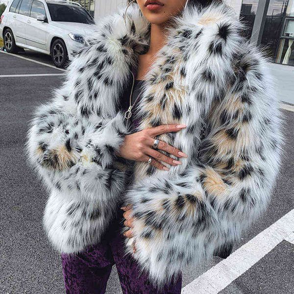 

2020 winter women fashion lynx pattern faux fur coats korean elegant notched collar fake fur outerwear a64 t220810, Black
