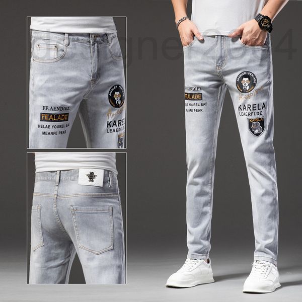 

men's jeans designer high end european jeans men's summer fashion light color embroidery slim fit badge small straight pants 5lqw, Blue