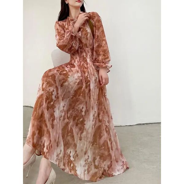 

french niche temperament elegant print dress in early spring waist slim gentle wind long skirt, Black;gray
