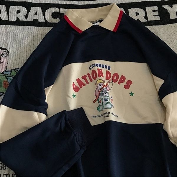 

women sweatshirts autumn casual vintage letter bear print striped patchwork polo collar harajuku oversized hooded pullover 220811, Black